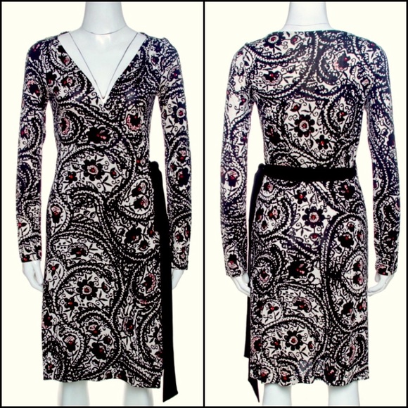 Diane Von Furstenberg 100% Silk Black Floral Print Wrap Dress - Picture 2 of 7